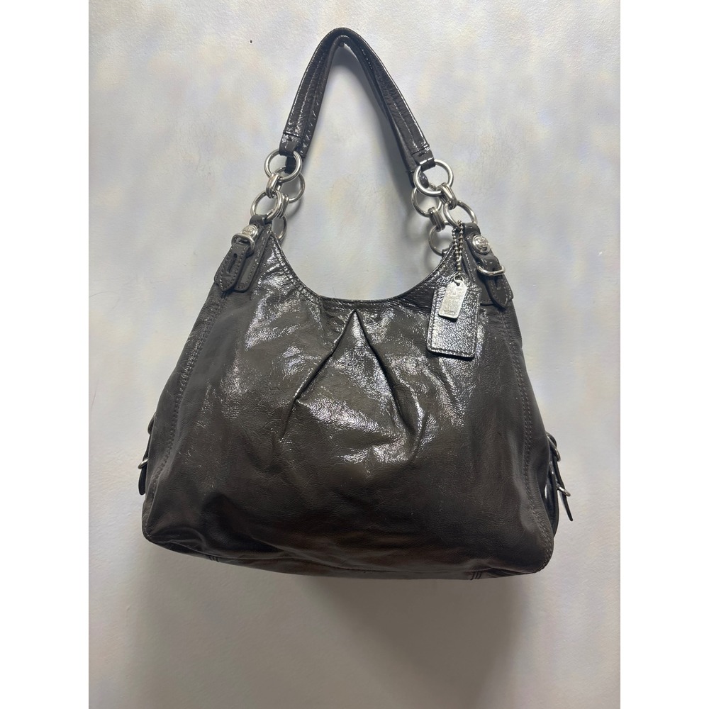 Coach Madison Shoulder Bag Womens Medium Grey Patent Leather Excellent Hobo Bag